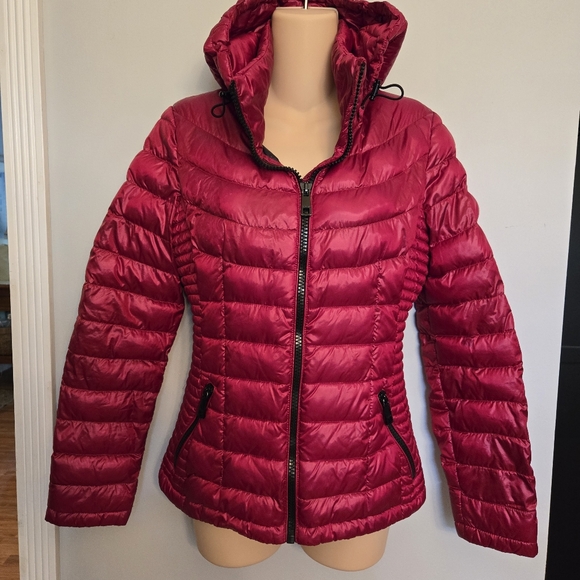 CALVIN KLEIN CK packable puffer jacket burgundy red Sz Small puffy coat slim fit - Picture 1 of 9